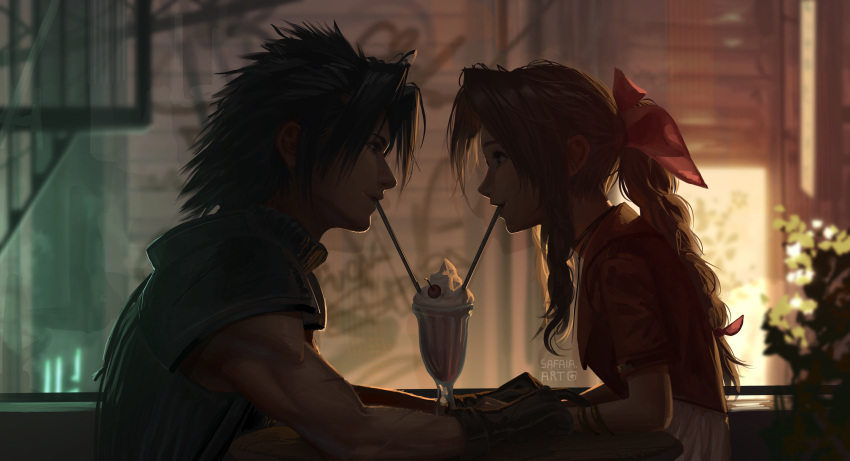 1boy 1girl absurdres aerith_gainsborough armor bangs black_hair bracelet braid braided_ponytail brown_hair cherry choker couple crisis_core_final_fantasy_vii cup dress drinking_straw drinking_straw_in_mouth eye_contact final_fantasy final_fantasy_vii final_fantasy_vii_remake food from_side fruit gloves hair_ribbon highres jacket jewelry long_hair looking_at_another milkshake parted_bangs pink_dress pink_ribbon red_jacket ribbon safaiaart shoulder_armor sidelocks spiky_hair sweater turtleneck turtleneck_sweater upper_body zack_fair
