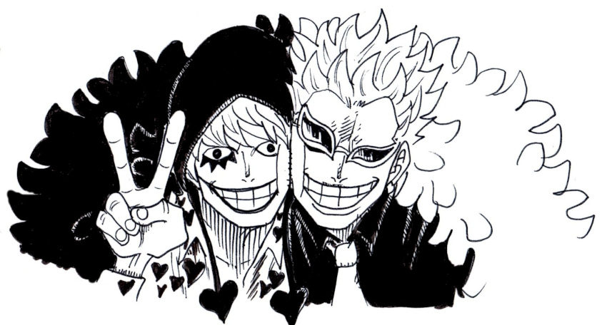 2boys black_coat black_shirt brothers cheek-to-cheek coat donquixote_doflamingo donquixote_rocinante feather_coat feathers heads_together heart heart_print highres hood makeup multiple_boys nishiponi one_piece shirt short_hair siblings smile spiky_hair sunglasses teeth upper_body v white_shirt