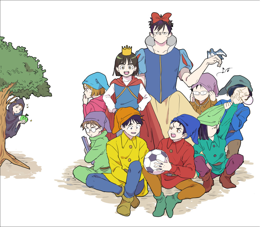4girls 6+boys :d after_school_lessons_for_unripe_apples apple bae_honggyu ball bashful_(disney) bashful_(disney)_(cosplay) bird bird_on_hand black_cloak black_hair blue_bird blue_headwear bow brown_eyes brown_footwear brown_hair cape cha_yonghui character_request cloak commentary_request cosplay crossdressing crown dopey_(disney) dopey_(disney)_(cosplay) dress earphones earphones food fruit glasses green_apple green_footwear green_headwear hair_bow hands_on_hips happy_(disney) happy_(disney)_(cosplay) highres holding holding_ball holding_food holding_fruit hood hooded_cloak hwang_mi-ae i-han_song jeon_sora kim_cheol looking_at_viewer mo_jinseop mrh_cit multiple_boys multiple_girls musical_note nose_bubble outdoors park_jungwook puffy_sleeves purple_headwear queen_(snow_white) red_bow short_hair sitting sleepy_(disney) sleepy_(disney)_(cosplay) smile sneezy_(disney) sneezy_(disney)_(cosplay) snow_white_(disney) snow_white_(disney)_(cosplay) snow_white_and_the_seven_dwarfs soccer_ball tree white_background