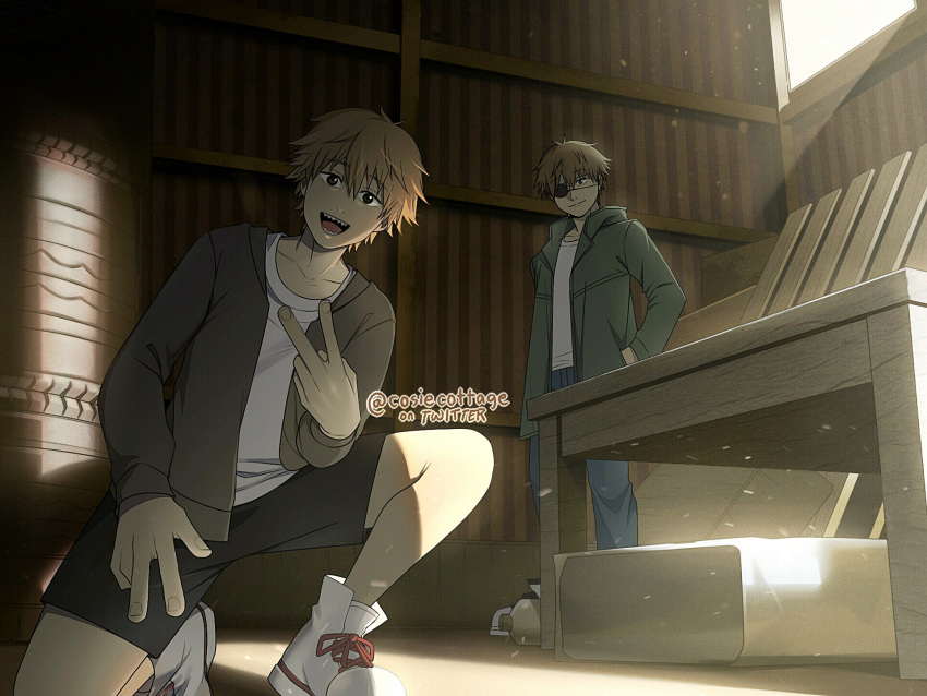 2boys blonde_hair chainsaw_man clone cosiecottage denji_(chainsaw_man) eyepatch green_hoodie grey_hoodie hands_in_pockets highres hood hoodie light_rays looking_at_viewer multiple_boys one_knee open_mouth sharp_teeth shed shirt shoes short_hair shorts smile sneakers table teeth twitter_username v white_shirt