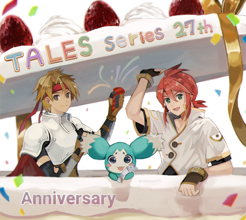2boys anniversary armor black_shirt blonde_hair bow brown_gloves buttons cake cape closed_mouth confetti creature cress_albane cropped_jacket cropped_shirt fingerless_gloves flower food fruit gloves green_eyes headband high_collar highres holding jacket looking_at_viewer luke_fon_fabre male_focus mieu_(tales) multiple_boys open_mouth party_popper popped_collar red_cape red_headband redhead shirt short_hair smile strawberry tales_of_(series) tales_of_phantasia tales_of_the_abyss twitter_username umizora478 upper_body white_jacket yellow_eyes