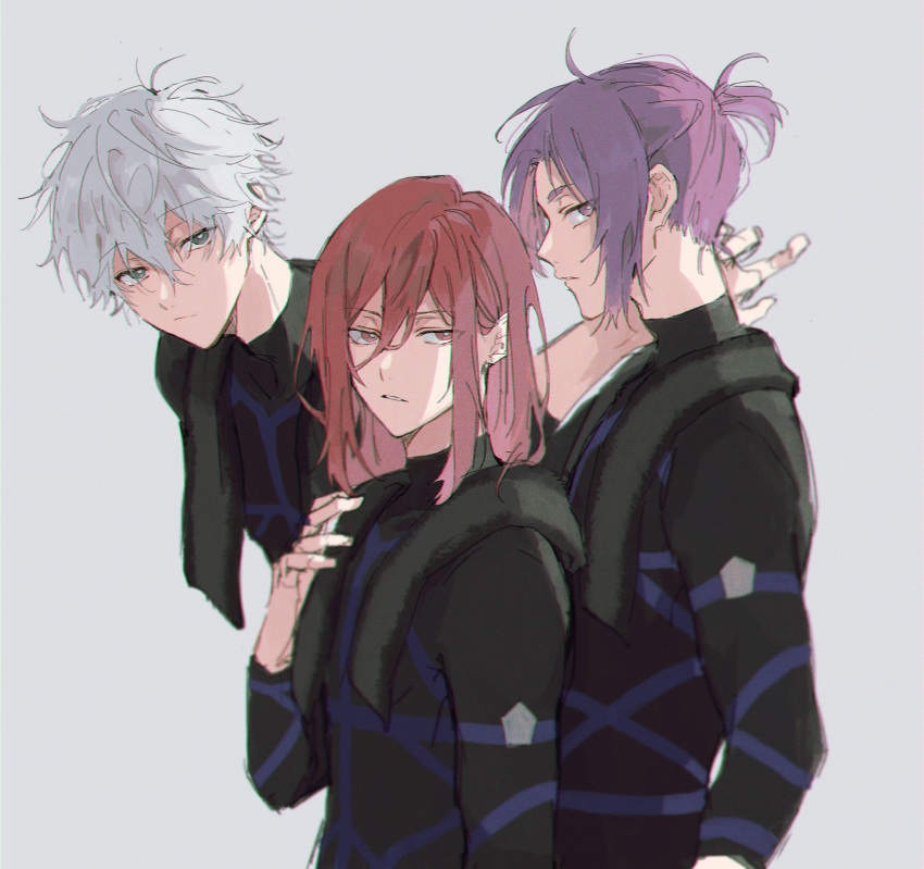 3boys bangs black_bodysuit blue_lock bodysuit chigiri_hyoma chromatic_aberration closed_mouth commentary grey_background grey_eyes hair_between_eyes highres long_hair looking_at_viewer male_focus mikage_reo multiple_boys nagi_seishirou parted_lips ponytail purple_hair red_eyes redhead short_hair short_ponytail simple_background standing symbol-only_commentary towel towel_around_neck upper_body violet_eyes white_hair yng_z