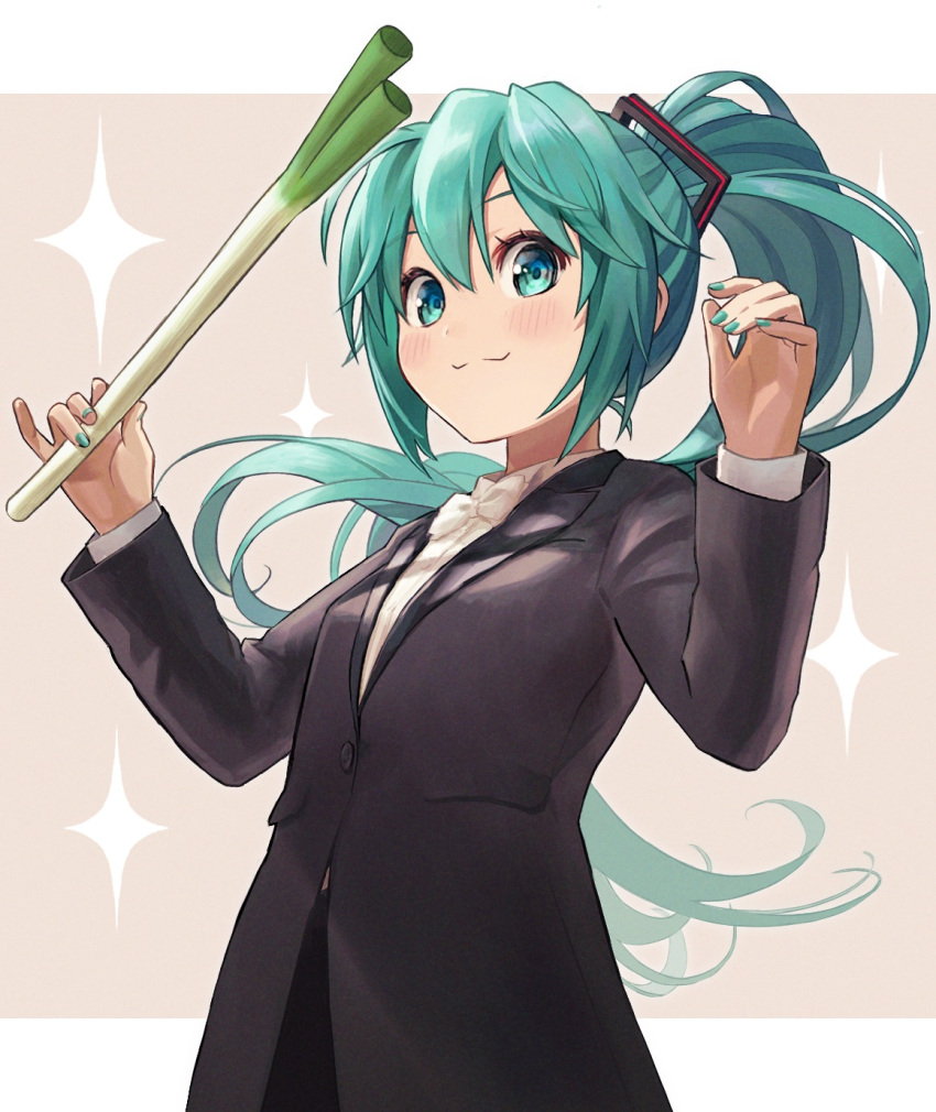 1girl aqua_eyes aqua_hair bangs blush bow bowtie closed_mouth collared_shirt commentary_request food formal hands_up hatsune_miku highres holding holding_food holding_spring_onion holding_vegetable ishiyuki long_hair long_sleeves looking_at_viewer shirt smile solo sparkle_background spring_onion suit twintails upper_body vegetable very_long_hair vocaloid white_bow white_bowtie white_shirt