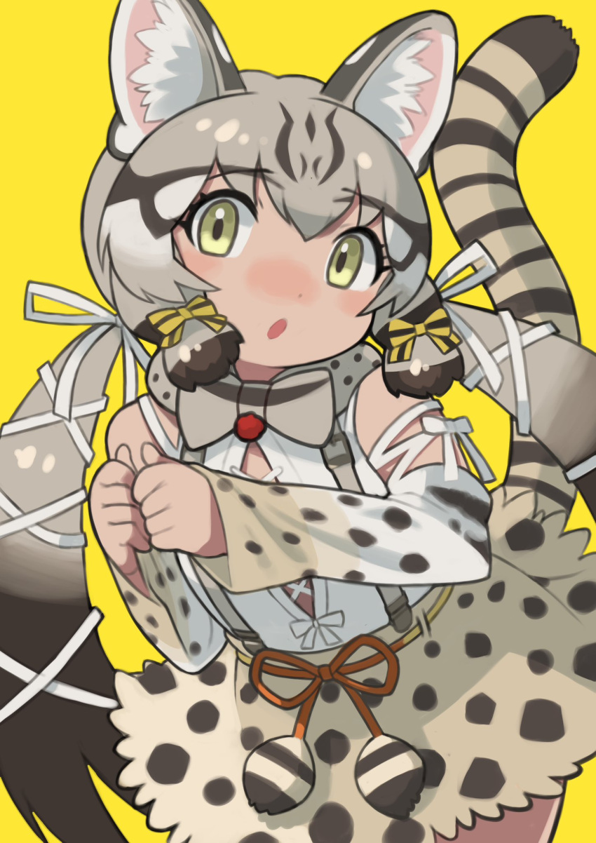 1girl animal_ear_fluff animal_ears bare_shoulders bow bowtie cat_ears cat_girl cat_tail extra_ears geoffroy's_cat_(kemono_friends) green_eyes grey_hair highres kemono_friends kemono_friends_v_project long_hair looking_at_viewer microphone open_mouth ribbon rinx shirt simple_background skirt solo suspenders tail twintails virtual_youtuber