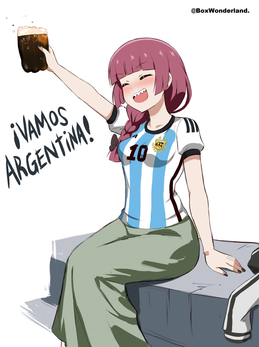 1girl 2022_fifa_world_cup :d absurdres alcohol angel_gabriel. argentina bangs beer black_nails blunt_bangs blush bocchi_the_rock! braid braided_ponytail breasts closed_eyes drunk green_skirt highres hiroi_kikuri long_skirt medium_breasts open_mouth purple_hair sharp_teeth shirt short_sleeves simple_background sitting skirt smile solo spanish_commentary spanish_text sportswear striped striped_shirt teeth twitter_username upper_teeth white_background world_cup