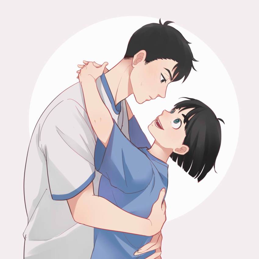 1boy 1girl after_school_lessons_for_unripe_apples black_hair blue_shirt bob_cut commentary eye_contact green_eyes grey_background height_difference hetero highres hug hwang_mi-ae kim_cheol looking_at_another looking_down looking_up palettebaibailu shirt short_hair short_sleeves simple_background standing thick_eyebrows white_shirt