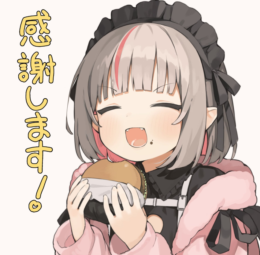 1girl :d black_shirt blush brown_hair burger cleavage_cutout closed_eyes clothing_cutout collared_shirt commentary_request facing_viewer fangs food food_on_face frilled_shirt_collar frills grey_background heart_cutout highres jacket long_sleeves makaino_ririmu multicolored_hair nijisanji off_shoulder open_clothes open_jacket pink_jacket pointy_ears puffy_long_sleeves puffy_sleeves redhead seramikku shirt simple_background smile solo streaked_hair translation_request upper_body v-shaped_eyebrows virtual_youtuber
