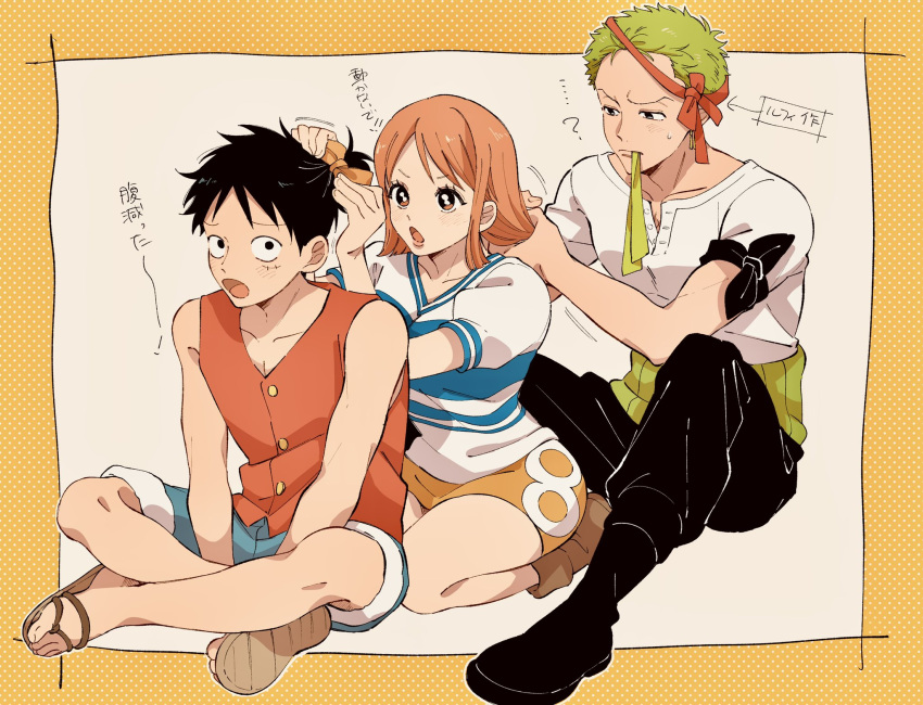 1girl 2boys black_eyes black_footwear black_hair black_pants bow brown_footwear buttons collarbone full_body green_eyes hair_bow hair_ribbon highres holding_another's_hair indian_style monkey_d._luffy multiple_boys nami_(one_piece) one_piece open_mouth orange_eyes orange_hair pants playing_with_another's_hair red_shirt ribbon roronoa_zoro sandals scar scar_on_cheek scar_on_face seiza shirt short_hair shorts sitting skirt ten05612 text_focus translation_request white_shirt