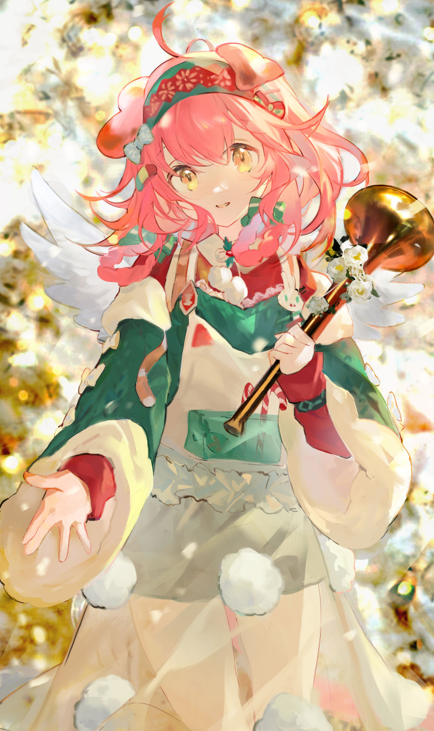 1girl absurdres animal_ears arknights black_bracelet blue_bow bow braid calamitouscat cat_ears cat_girl cowboy_shot floppy_ears floral_print flower goldenglow_(arknights) goldenglow_(night_loving_servant)_(arknights) green_sweater hair_bow hairband highres holding holding_instrument infection_monitor_(arknights) instrument long_hair long_sleeves official_alternate_costume parted_lips pink_hair poinsettia print_hairband red_hairband smile solo sweater yellow_eyes