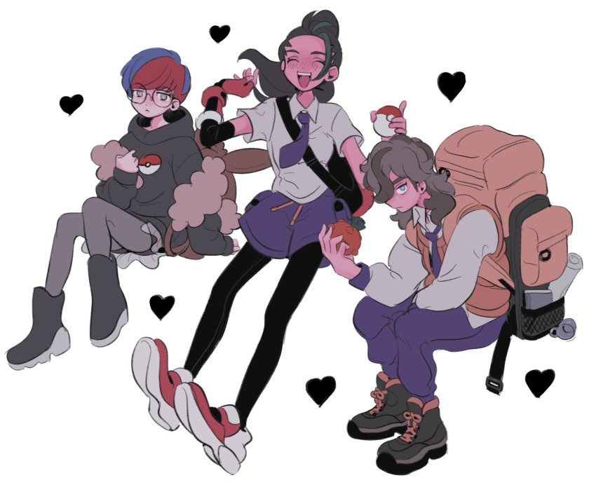 1boy 2girls arven_(pokemon) backpack bag bangs black_hoodie black_pantyhose blue_hair boots bright_pupils brown_bag brown_hair collared_shirt commentary_request glasses grey_eyes heart highres holding hood hoodie moumuriy multicolored_hair multiple_girls necktie nemona_(pokemon) pantyhose penny_(pokemon) poke_ball_print pokemon pokemon_(game) pokemon_sv ponytail purple_necktie purple_shorts redhead round_eyewear see-through see-through_skirt shirt shoes shorts sitting skirt two-tone_hair vest white_background