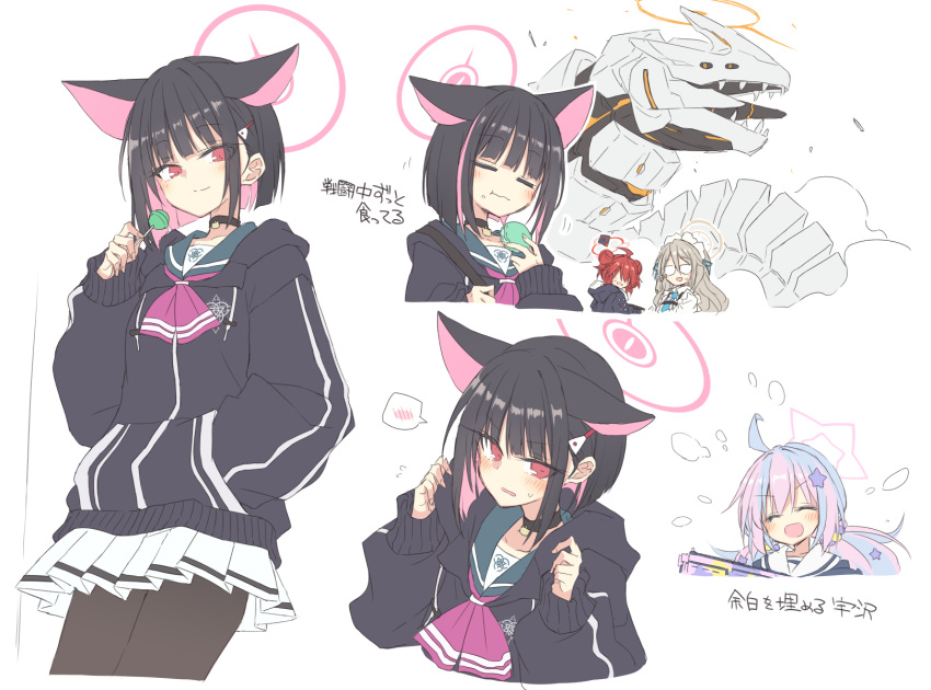 4girls =_= ahoge akane_(blue_archive) animal_ears binah_(blue_archive) black_collar black_hair black_hoodie black_pantyhose blue_archive blue_hair blue_necktie blue_sailor_collar blush candy closed_mouth collar colored_inner_hair double_bun eating flying_sweatdrops food hair_bun hair_ornament hairclip halo hand_in_pocket highres holding holding_candy holding_food holding_lollipop hood hoodie kazusa_(blue_archive) light_brown_hair lollipop long_sleeves looking_at_viewer low_twintails macaron maki_(blue_archive) miniskirt multicolored_hair multiple_girls multiple_views neckerchief necktie open_mouth pantyhose parted_lips pink_hair pink_neckerchief pleated_skirt red_eyes redhead reisa_(blue_archive) sailor_collar satou_kibi short_hair simple_background skirt smile solo_focus star_(symbol) star_hair_ornament streaked_hair sweat twintails two-tone_hair white_background white_skirt