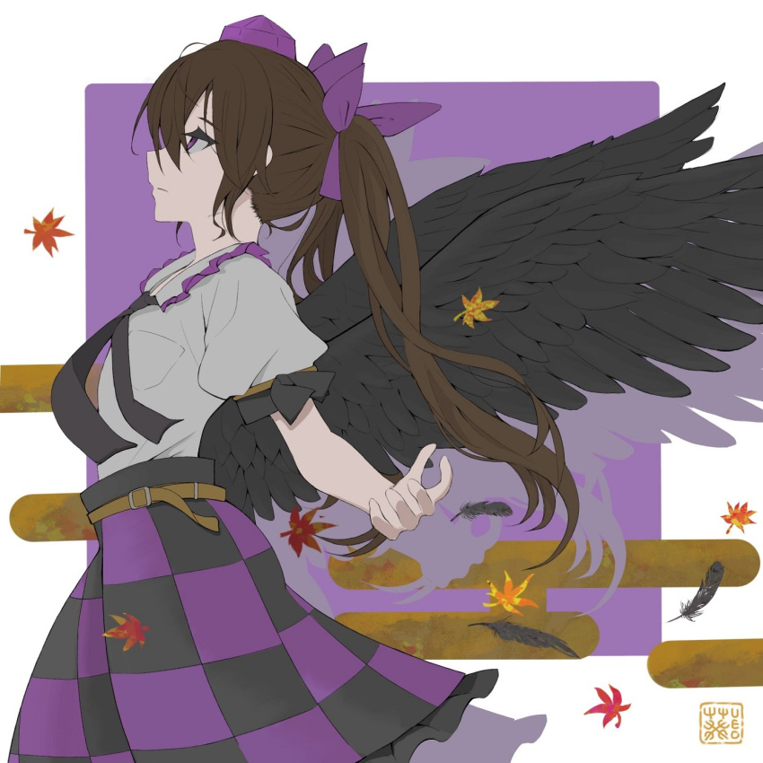 1girl aoiueo12 bird_wings black_skirt black_wings border brown_hair checkered_clothes checkered_skirt closed_mouth egasumi from_side hat highres himekaidou_hatate leaf long_hair maple_leaf purple_background purple_headwear purple_skirt shirt short_sleeves signature skirt solo tokin_hat touhou violet_eyes white_border white_shirt wings