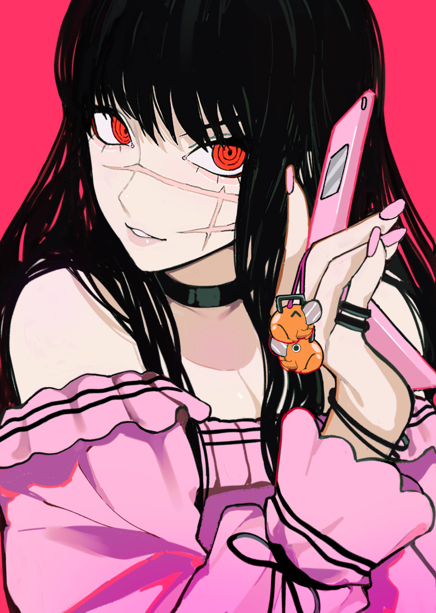1girl black_choker black_hair bracelet cellphone chainsaw_man choker cross_scar dress flip_phone frilled_sleeves frills highres holding holding_phone jewelry long_hair looking_at_viewer multiple_rings phone pink_background pink_dress pink_nails pink_theme pinky_ring pochita_(chainsaw_man) red_eyes ring ringed_eyes sailen0 scar scar_on_cheek scar_on_face simple_background solo yoru_(chainsaw_man)