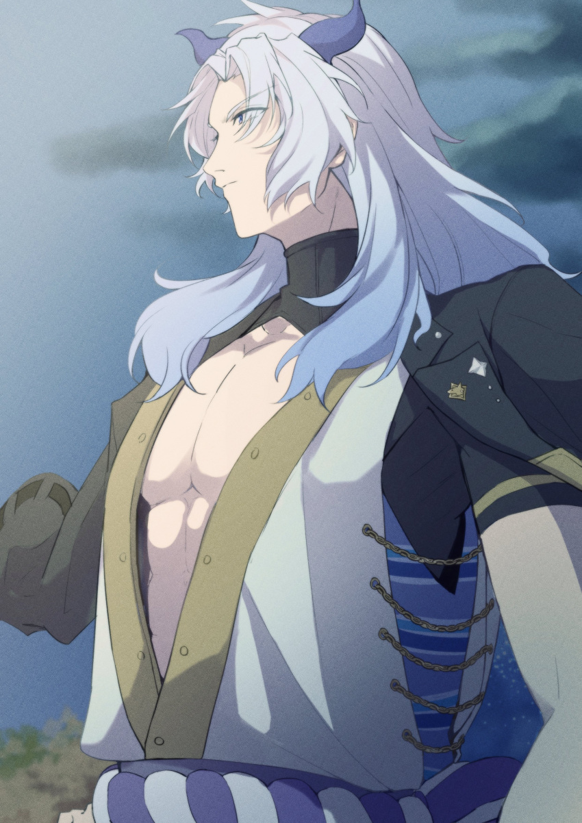1boy absurdres akaie11 bangs black_jacket blue_eyes blue_hair closed_mouth clouds dark_clouds hajimari_no_kioku highres horns jacket jacket_on_shoulders lapel_pin light_blue_hair long_hair looking_to_the_side male_focus open_clothes open_jacket parted_bangs pectoral_cleavage pectorals rope sash shimenawa shrug_(clothing) sleeveless sleeveless_jacket solo stridon toned toned_male turtleneck upper_body white_jacket