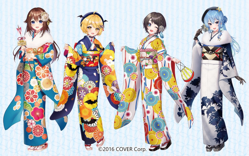 4girls :d ;d ahoge alternate_costume arrow_(projectile) asymmetrical_hair bag bell beret black_choker black_footwear black_gloves black_hair black_headwear blonde_hair blue_eyes blue_hair blue_kimono blush braid brown_hair choker chrysanthemum_print colorful commentary drawstring_bag ema floral_print flower french_braid full_body fur_scarf geta gloves hair_bun hair_flaps hair_flower hair_ornament hamaya happy_new_year hat head_wings holding holding_arrow holding_bag hololive hoshimachi_suisei japanese_clothes kimono kinchaku lace lace_gloves light_blue_hair long_hair looking_at_viewer mikazuki_mika multicolored_clothes multicolored_kimono multiple_girls new_year obake-chan_(yozora_mel) obi obiage obijime official_art okobo one_eye_closed oozora_subaru open_mouth patterned_background platform_footwear pouch sash seigaiha shippou_(pattern) short_hair single_side_bun smile tabi tassel tassel_hair_ornament tilted_headwear tokino_sora virtual_youtuber watermark white_footwear white_kimono wide_sleeves yellow_eyes yozora_mel yukata