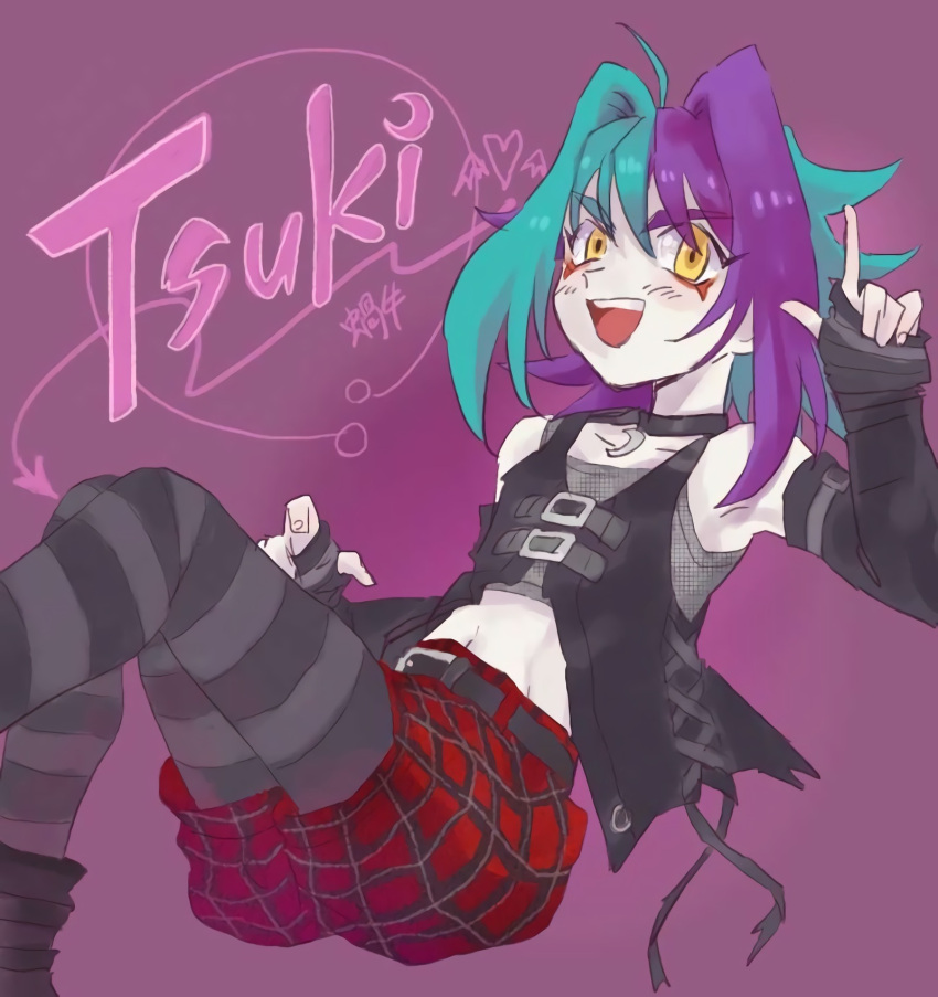 1boy bakuten_shoot_beyblade_rising belt beyblade blue_hair blush crescent crossdressing detached_sleeves dress fishnet_top fishnets highres kagami_futsuki medium_hair navel open_mouth otoko_no_ko purple_hair solo striped striped_thighhighs thigh-highs yellow_eyes