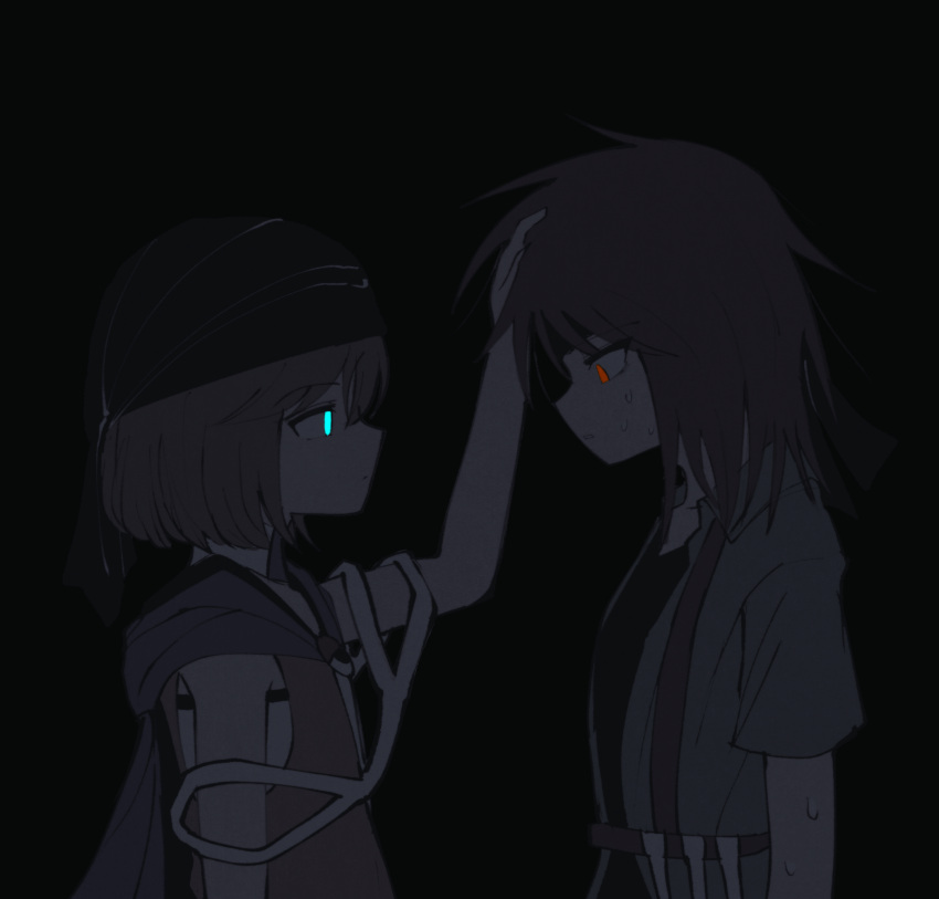 2others androgynous atoymk black_background black_headband black_shirt blue_eyes brown_hair closed_mouth collared_shirt commentary green_shirt hand_in_another's_hair headband highres kurohebi kuzu_suzumi len'en medium_hair multiple_others open_clothes open_shirt parted_lips red_eyes shirt short_hair short_sleeves simple_background sleeveless sweat turban