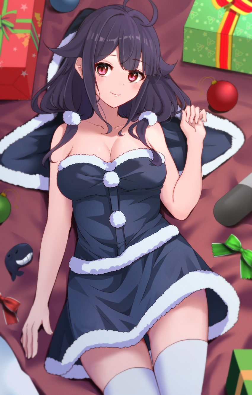 1girl absurdres ahoge black_capelet black_dress breasts capelet collarbone dress fur-trimmed_capelet fur-trimmed_dress fur_trim gift hair_flaps highres hood hooded_capelet kantai_collection large_breasts low_twintails lying official_alternate_costume on_back purple_hair red_eyes santa_dress short_dress smile solo strapless strapless_dress taigei_(kancolle) thigh-highs toketa-sekai torpedo twintails white_thighhighs