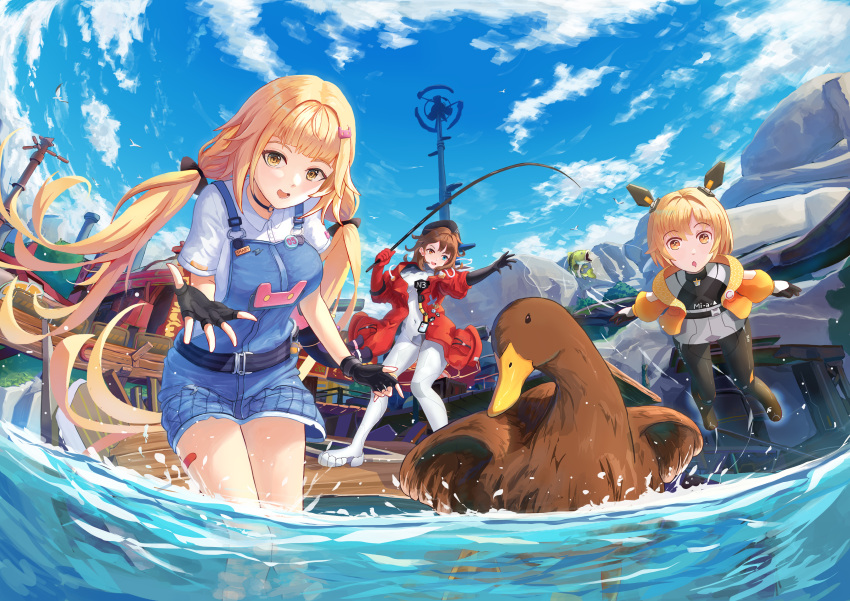absurdres antenna_hair bird black_choker blonde_hair blue_sky bodysuit breasts bridge choker clouds cocoritter_(tower_of_fantasy) day dock drooling duck fish fishing_rod gloves hair_ornament hairclip headgear highres jacket jet_boots long_hair looking_at_viewer low_twintails medium_breasts mi-a_(tower_of_fantasy) multiple_girls open_clothes open_jacket open_mouth outdoors overall_skirt scenery shirli_(tower_of_fantasy) shirt short_hair short_sleeves skirt sky smile thighs tower tower_of_fantasy twintails water yellow_eyes