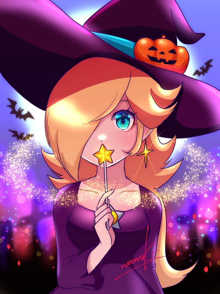 1girl bat_(animal) blonde_hair blue_eyes brooch collarbone covering_mouth dress earrings hair_over_one_eye halloween halloween_costume hat highres jack-o'-lantern_hat_ornament jewelry long_hair looking_at_viewer mario_kart mario_kart_tour nonoworks official_alternate_costume purple_dress purple_headwear rosalina signature single_earring solo star_(symbol) star_earrings super_mario_bros. upper_body witch_hat