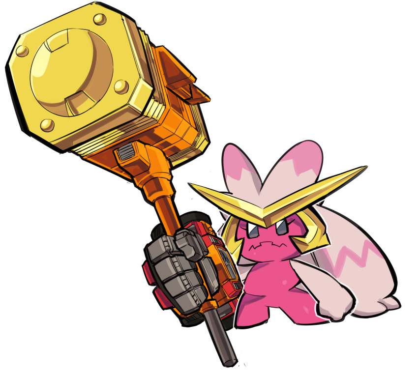 absurdres animal_focus chibi crossover frown full_body goldion_hammer grey_eyes hammer highres holding holding_hammer looking_ahead mechanical_arms no_humans pillar_buster pokemon pokemon_(creature) simple_background single_mechanical_arm tinkaton v-fin weapon_connection white_background yuusha_ou_gaogaigar yuusha_series