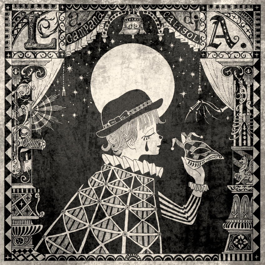 1other absurdres album_cover androgynous bell border collar cover curly_hair eye_mask eyelashes frilled_collar frilled_sleeves frills full_moon hat highres holding holding_mask italian_text mask mask_removed monochrome moon official_art original parted_lips pillar profile robe shi_(yotsuhaka) short_hair star_(sky) tassel teardrop_facial_mark