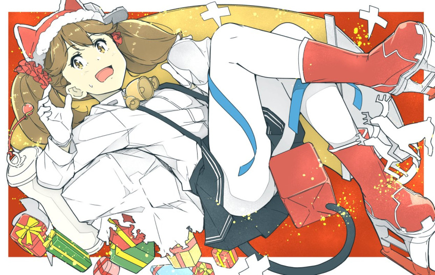 1girl animal_ears black_skirt brown_eyes brown_hair cat_ears cat_tail collared_shirt dress_shirt flat_chest fur-trimmed_headwear fur_trim hat kantai_collection lantern long_hair ninimo_nimo pantyhose pillow_hat pleated_skirt red_footwear red_headwear rudder_footwear ryuujou_(kancolle) sack scroll shikigami shirt skirt solo suspenders tail twintails white_pantyhose white_shirt