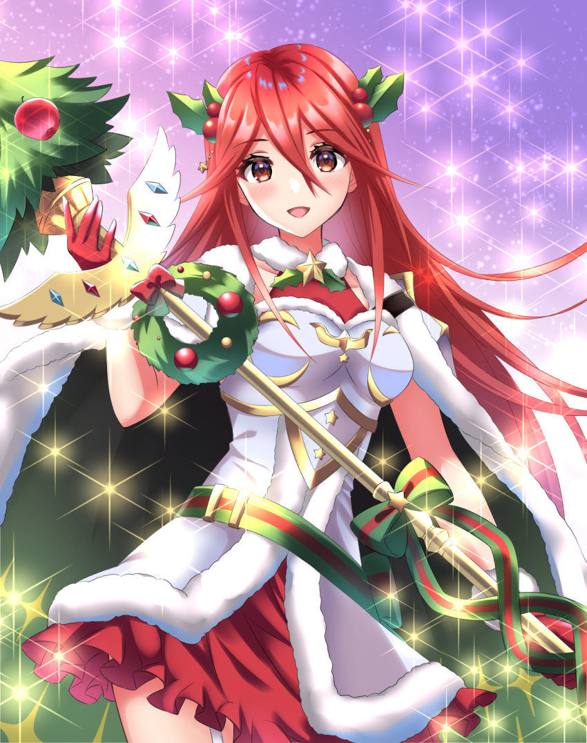 1girl :d armor breastplate christmas christmas_ornaments cordelia_(fire_emblem) cowboy_shot dress fire_emblem fire_emblem_awakening fire_emblem_heroes fur_trim gold_trim highres holding holding_staff kakiko210 long_hair looking_at_viewer night night_sky official_alternate_costume open_mouth purple_background red_dress red_eyes redhead short_dress sky smile solo sparkle staff star_(sky) star_(symbol) starry_sky very_long_hair zettai_ryouiki