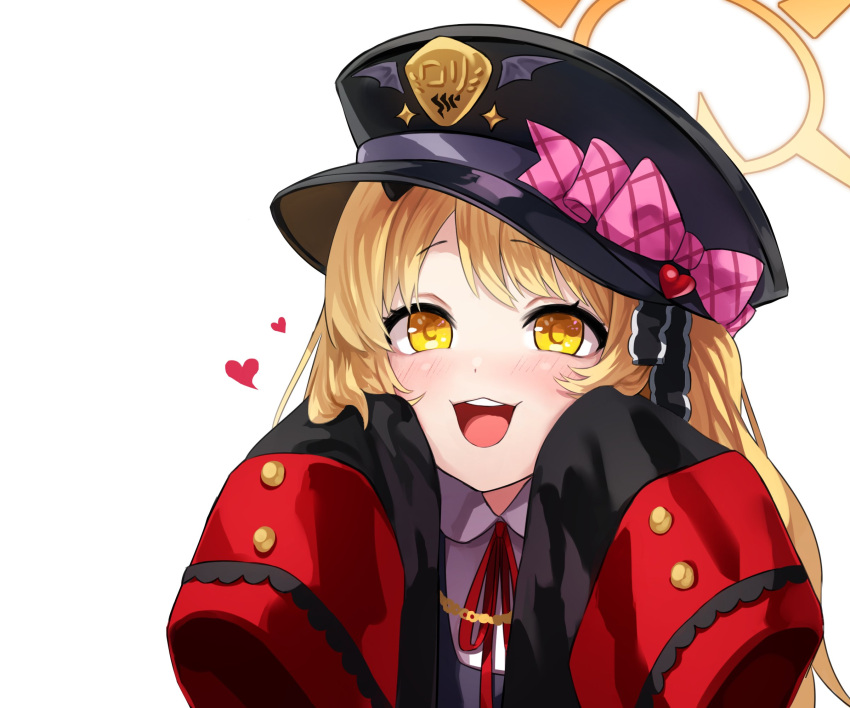 1girl black_coat black_headwear black_ribbon blonde_hair blue_archive blush bow coat collared_shirt frilled_ribbon frills hair_ribbon halo hat hat_bow heart highres ibuki_(blue_archive) ldl_(bcw1025) looking_at_viewer neck_ribbon open_mouth peaked_cap pink_bow ribbon shirt side_ponytail simple_background sleeves_past_fingers sleeves_past_wrists smile solo upper_body white_background white_shirt yellow_eyes