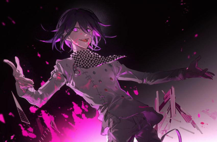 1boy :d bangs binxngchng1 black_background black_hair buttons checkered_clothes checkered_scarf commentary cowboy_shot danganronpa_(series) danganronpa_v3:_killing_harmony double-breasted glowing glowing_eyes grey_background grey_jacket grey_pants highres jacket long_sleeves male_focus ouma_kokichi pants pink_eyes pink_hair scarf smile teeth upper_teeth
