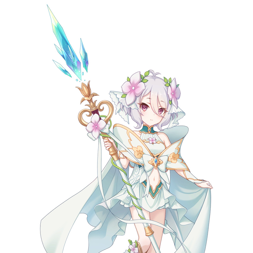 elf flower hair_flower hair_ornament highres holding holding_polearm holding_weapon kokkoro_(princess_connect!) medium_hair official_art pointy_ears polearm princess_connect! spear tachi-e transparent_background weapon white_hair