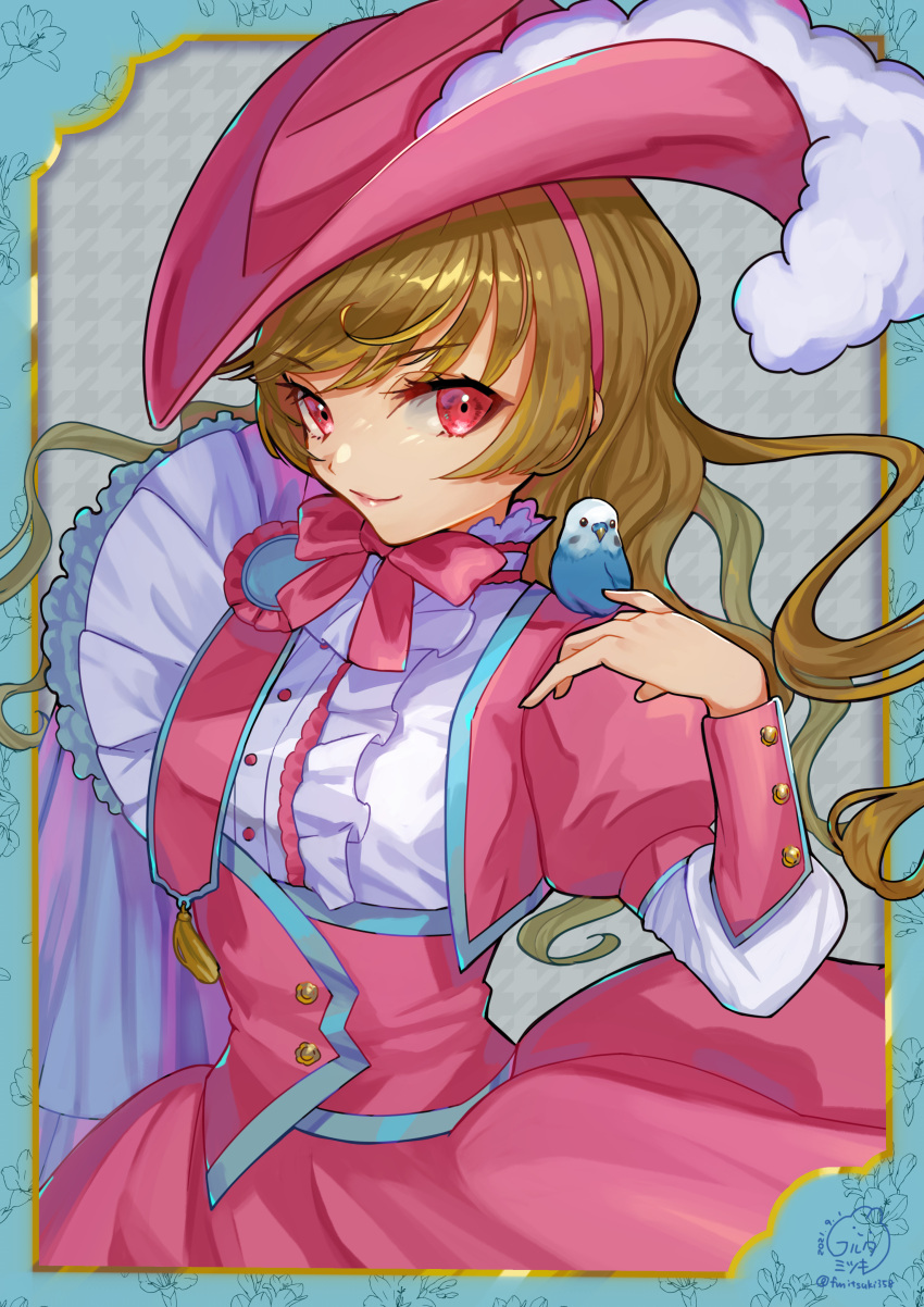 1girl absurdres animal_on_shoulder aqua_border award_ribbon bangs bicorne bird bird_on_shoulder bow brown_hair cape center_frills commentary cropped_jacket floral_background frills grey_background hat hat_feather high-waist_skirt highres jacket layered_sleeves lips long_hair long_sleeves looking_at_viewer original outside_border pink_bow pink_eyes pink_headwear pink_jacket pink_skirt puffy_short_sleeves puffy_sleeves sangatsu_(mitsuki358) shirt short_over_long_sleeves short_sleeves shoulder_cape skirt smile solo upper_body wavy_hair white_cape white_shirt