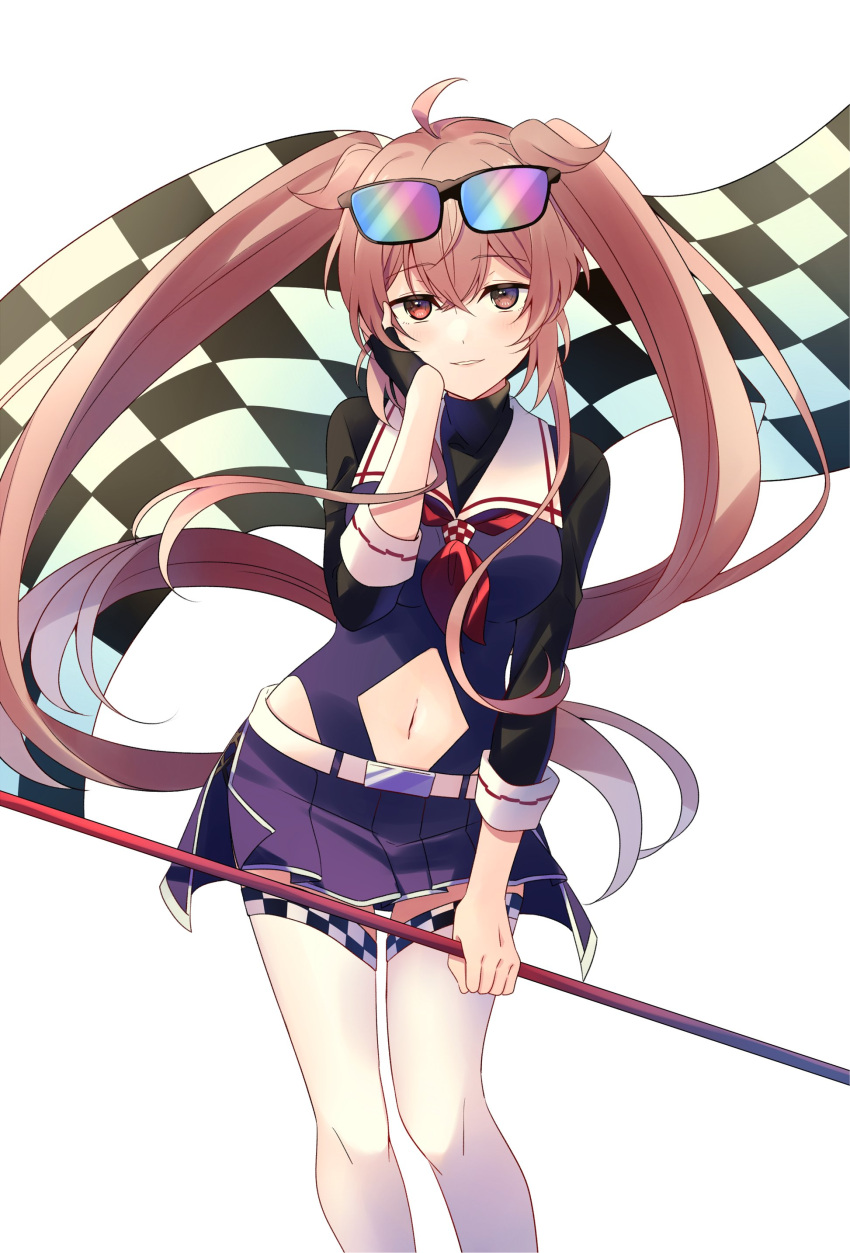 1girl absurdres adapted_costume ahoge blue_skirt blush brown_eyes eyewear_on_head feet_out_of_frame flag hair_between_eyes heterochromia highres holding holding_flag kantai_collection light_brown_hair long_hair looking_at_viewer murasame_(kancolle) murasame_kai_ni_(kancolle) navel pleated_skirt racequeen red_eyes simple_background skirt smile solo sunglasses thigh-highs twintails white_background white_thighhighs yukichi_(eikichi)