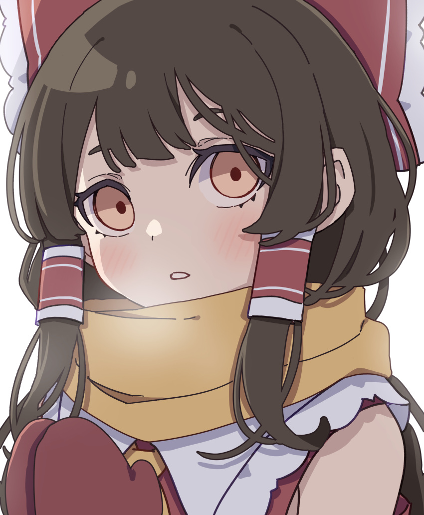 1girl absurdres ascot blush bow brown_eyes brown_hair hair_bow hair_tubes hakurei_reimu highres japanese_clothes kame_(kamepan44231) long_hair mittens nontraditional_miko one-hour_drawing_challenge open_mouth portrait red_bow red_mittens scarf sidelocks simple_background solo touhou white_background yellow_ascot yellow_scarf