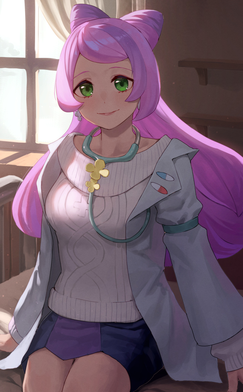 1girl closed_mouth coat commentary_request curtains earrings eyelashes gomashiwo_o green_eyes highres indoors jewelry long_hair long_sleeves miriam_(pokemon) open_clothes open_coat pokemon pokemon_(game) pokemon_sv purple_hair purple_skirt sitting skirt smile solo sweater window
