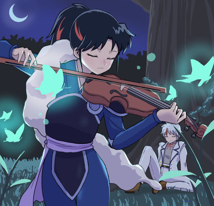 2girls black_hair blue_butterfly bow_(music) brown_footwear bug butterfly character_request closed_eyes facing_viewer grass han'you_no_yashahime highres higurashi_towa instrument long_sleeves multicolored_hair multiple_girls night outdoors pants redhead streaked_hair tree urin_(littleurin) violin white_hair white_pants