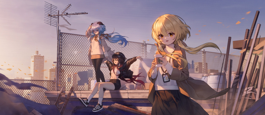 3girls :d ^_^ absurdres alternate_costume arm_up arms_up bangs black_footwear black_headwear black_jacket black_pantyhose black_shorts black_skirt blonde_hair blue_hair blue_sky brown_hair brown_jacket brown_scarf brown_skirt building chain-link_fence city closed_eyes closed_mouth commentary_request contemporary crop_top cup disposable_cup fence ganyu_(genshin_impact) genshin_impact goat_horns gradient_hair gradient_sky highres holding holding_cup horns hu_tao_(genshin_impact) id_card jacket ladder long_hair long_sleeves lumine_(genshin_impact) midriff multicolored_hair multiple_girls navel on_roof open_clothes open_jacket open_mouth orange_eyes orange_sky outdoors pantyhose plaid plaid_scarf redhead scarf scenery shoes short_hair_with_long_locks shorts sitting skirt sky skyscraper smile sneakers socks standing starbucks starsd sunset sweater turtleneck turtleneck_sweater two-tone_footwear very_long_hair violet_eyes white_footwear white_socks white_sweater