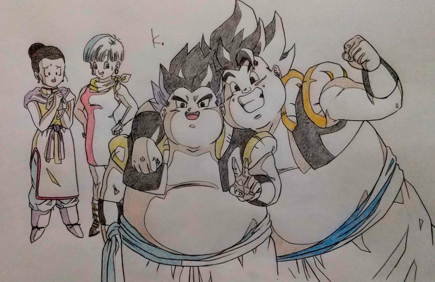 2boys 2girls arm_around_neck black_eyes black_hair blue_hair bracelet bulma chi-chi_(dragon_ball) clenched_hand colored_pencil_(medium) dragon_ball dragon_ball_z dress fat fat_man father_and_son gotenks grin hair_bun highres jewelry kakeru_(dbskakeru) metamoran_vest multicolored_hair multiple_boys multiple_girls neckerchief obese open_mouth pink_dress purple_hair short_hair signature smile traditional_media two-tone_hair v vegetto yellow_neckerchief