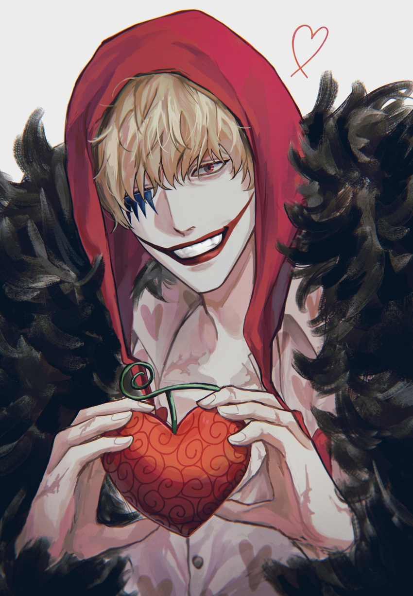 1boy absurdres binonep blonde_hair devil_fruit donquixote_rocinante fur_coat head_tilt heart highres holding hood hood_up long_sleeves looking_at_viewer makeup male_focus one_eye_closed one_piece shirt short_hair smile solo upper_body