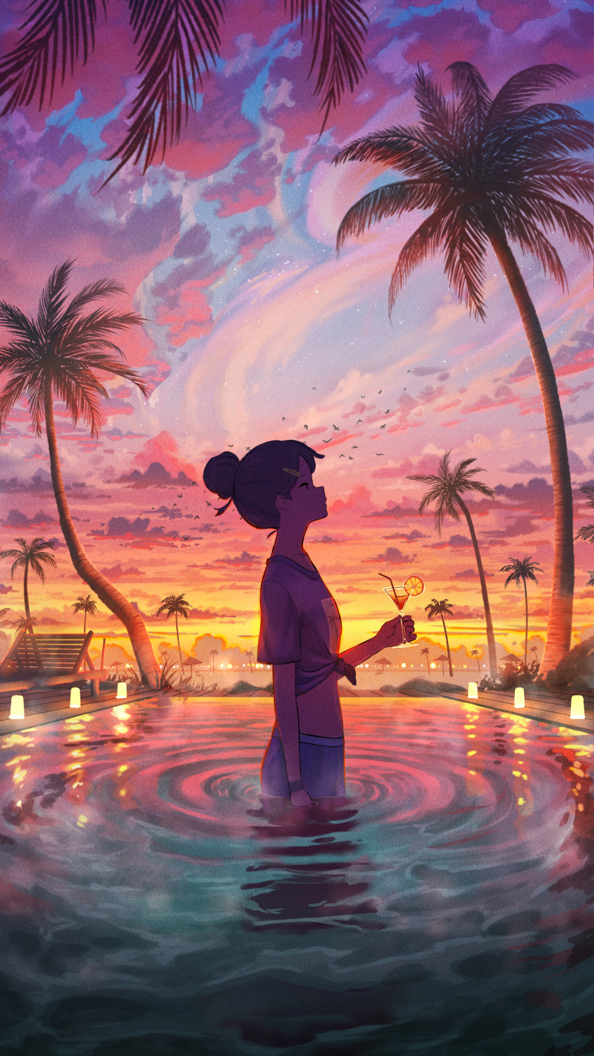 1girl absurdres bird clouds cup drinking_straw hair_bun hair_ornament hairclip highres holding holding_cup looking_up original palm_tree pasoputi pool scenery short_sleeves sky sunset tree wading