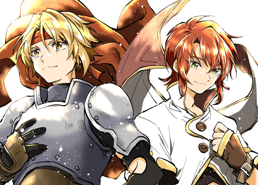 2boys absurdres armor black_shirt blonde_hair brown_gloves buttons cape closed_mouth cress_albane crop_top cropped_jacket cropped_shirt fingerless_gloves gloves green_eyes headband high_collar highres jacket kudou_makoto luke_fon_fabre male_focus multiple_boys popped_collar red_cape red_headband redhead shirt short_hair tales_of_(series) tales_of_phantasia tales_of_the_abyss upper_body white_background white_jacket yellow_eyes