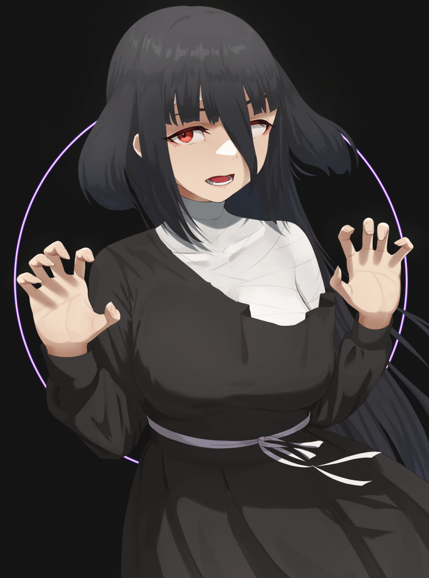 1girl absurdres bandaged_chest bandaged_head bandages bangs black_background black_dress black_hair claw_pose dress fukayama7480 hair_between_eyes hands_up highres long_hair looking_at_viewer open_mouth red_eyes sidelocks solo very_long_hair yamada_tae zombie_land_saga