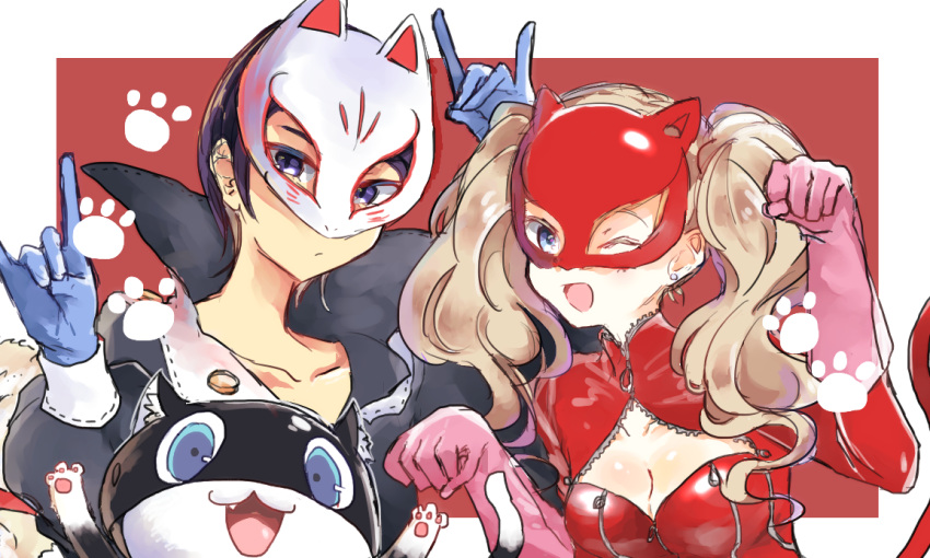 1boy 1girl 2others animal_hands black_cat blonde_hair blue_eyes blue_hair cat cat_paws cat_tail couple eye_mask fox_mask fox_shadow_puppet gloves kitagawa_yuusuke mask morgana_(persona_5) multiple_others paw_pose persona persona_5 ruaruayana simple_background tail takamaki_anne twintails