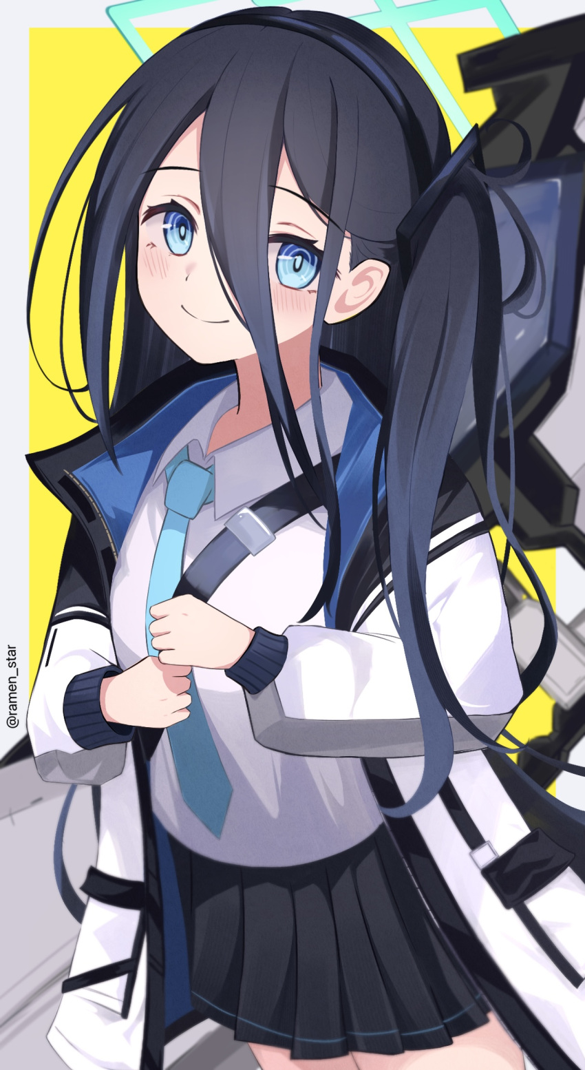 1girl aris_(blue_archive) black_hair black_hairband black_skirt blue_archive blue_eyes blue_necktie blush closed_mouth grey_background hair_between_eyes hairband halo highres jacket long_hair long_sleeves looking_at_viewer necktie shirt side_ponytail skirt smile solo two-tone_background white_jacket white_shirt yellow_background yun_(kbdenz9)
