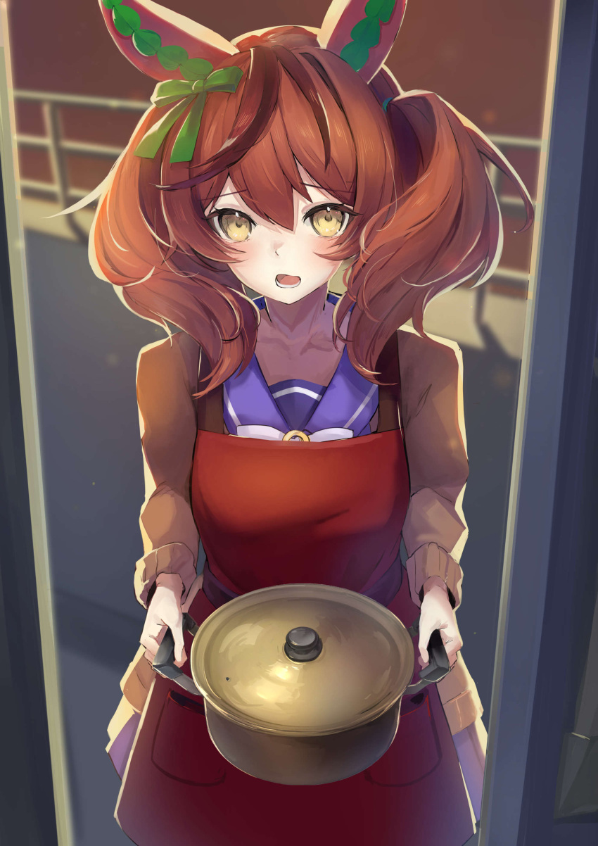 1girl absurdres animal_ears apron blush brown_eyes commentary_request cooking_pot door hair_between_eyes hair_ornament highres holding holding_cooking_pot horse_ears horse_girl looking_at_viewer medium_hair nice_nature_(umamusume) open_mouth pov red_apron redhead sashimi0gou school_uniform solo twintails umamusume