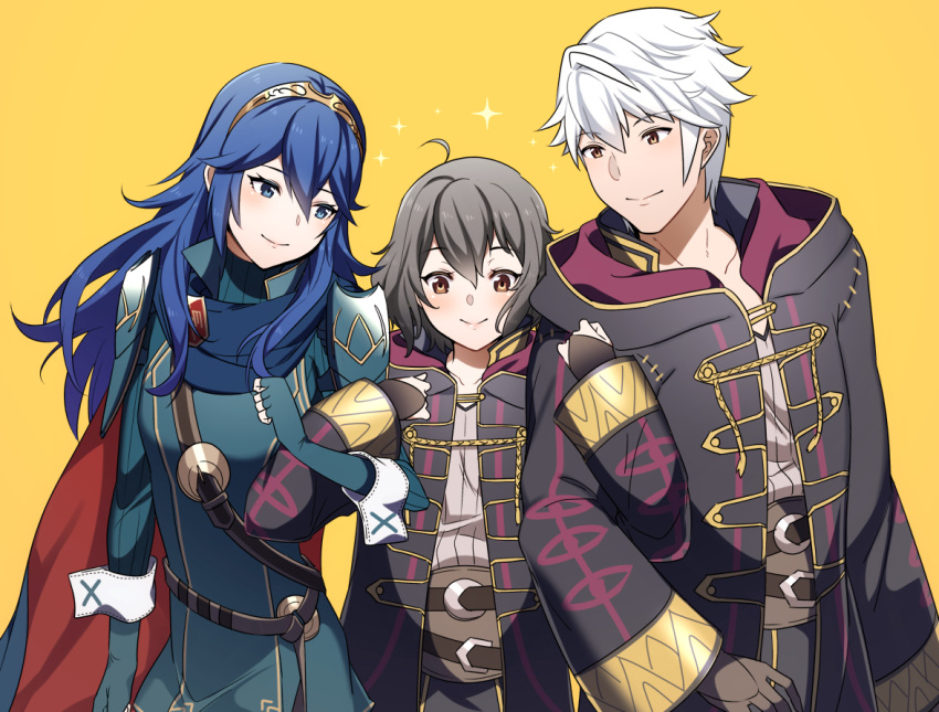 1boy 2girls ahoge ameno_(a_meno0) armor bangs belt black_gloves black_hair black_robe blue_cape blue_eyes blue_gloves blue_hair blue_sweater bridal_gauntlets brown_belt brown_eyes cape closed_mouth commentary_request father_and_daughter fingerless_gloves fire_emblem fire_emblem_awakening gloves grey_shirt hair_between_eyes height_difference hood hood_down hooded_robe jewelry locked_arms long_hair long_sleeves looking_at_another looking_at_viewer lucina_(fire_emblem) morgan_(fire_emblem) morgan_(fire_emblem)_(female) mother_and_daughter multiple_girls open_clothes open_robe red_cape ribbed_sweater robe robin_(fire_emblem) robin_(fire_emblem)_(male) shirt short_hair shoulder_armor simple_background smile sweater tiara turtleneck turtleneck_sweater two-tone_cape white_hair yellow_background