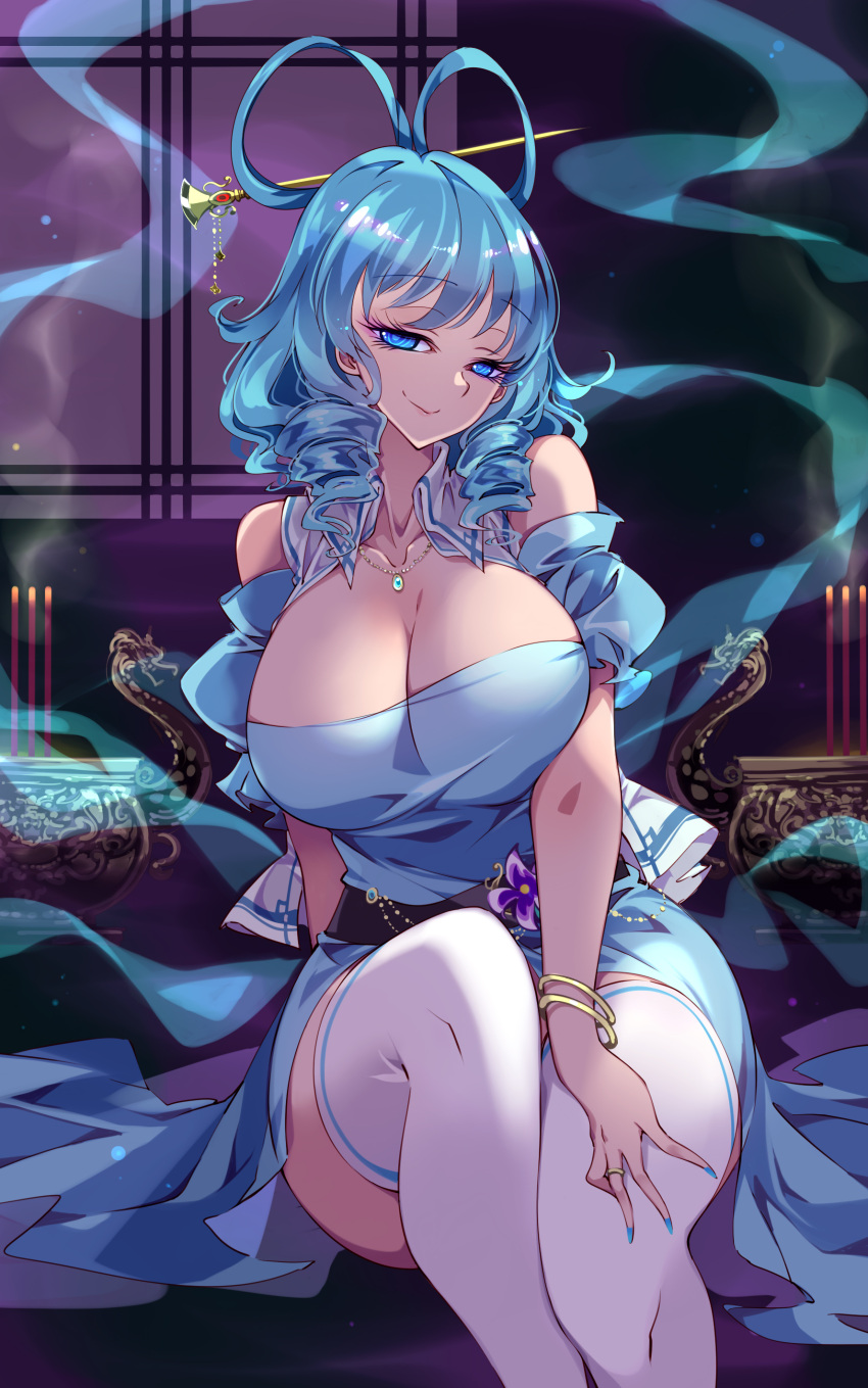 1girl absurdres aqua_dress bangs blue_dress blue_eyes blue_hair blue_nails breasts dress flower hair_ornament hair_rings hair_stick highres jewelry kaku_seiga large_breasts leg_ribbon light_blue_hair looking_at_viewer medium_hair puffy_short_sleeves puffy_sleeves raptor7 ribbon shawl short_sleeves smile solo touhou