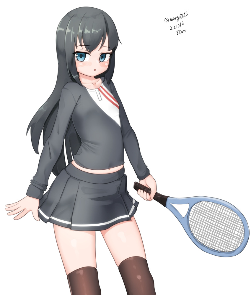 1girl absurdres alternate_costume asashio_(kancolle) black_hair black_thighhighs blue_eyes dated grey_shirt grey_skirt highres kantai_collection long_hair maru_(marg0613) one-hour_drawing_challenge pleated_skirt racket shirt simple_background skirt solo standing striped striped_shirt tennis_racket thigh-highs twitter_username white_background