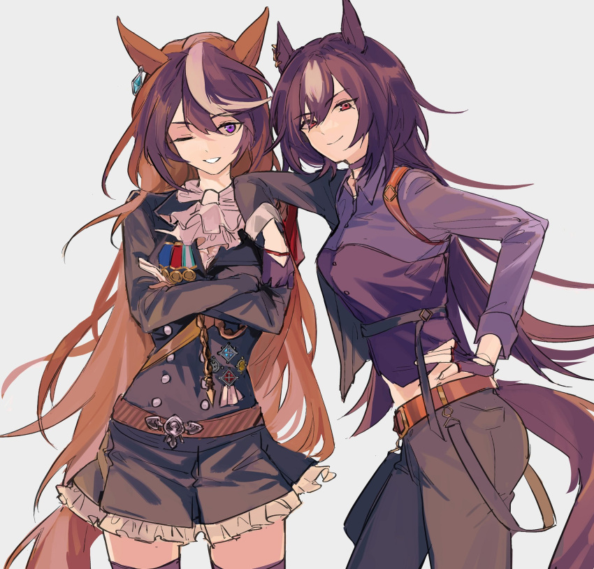 2girls animal_ears belt black_gloves breasts brown_hair choker closed_mouth collared_shirt cowboy_shot crossed_arms elbow_rest fingerless_gloves gloves green_pants grey_background hand_on_hip highres horse_ears horse_girl horse_tail jabot jacket long_hair long_sleeves marumarukin medal multicolored_hair multiple_girls one_eye_closed open_mouth pants red_eyes shirt simple_background sirius_symboli_(umamusume) skirt small_breasts smile standing streaked_hair symboli_rudolf_(umamusume) tail thigh-highs umamusume violet_eyes white_gloves