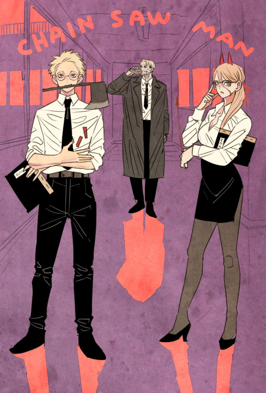 1girl 2girls axe black_necktie black_pants black_skirt blonde_hair chainsaw_man coat denji_(chainsaw_man) drinking flask glasses grey_coat high_heels highres holding holding_flask holding_notebook horns kishibe_(chainsaw_man) long_hair looking_at_viewer looking_up multiple_girls necktie notebook official_alternate_costume pants pantyhose ponytail power_(chainsaw_man) red_horns shirt shirt_tucked_in short_hair skirt takeuchi_ryousuke weapon_in_mouth white_shirt